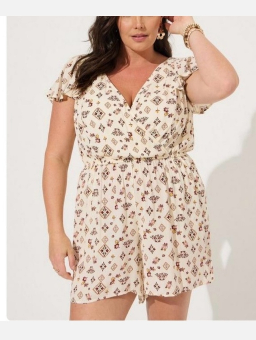 torrid Cream Floral Print Romper with V-Neck